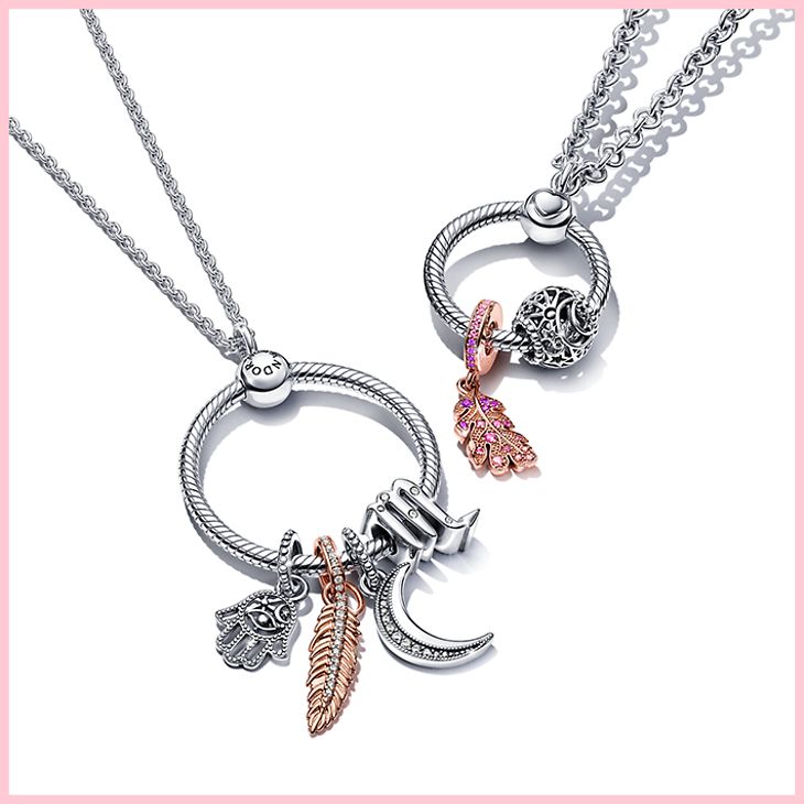 Sterling silver Pandora O Pendant Necklace with charms from Pandora Moments collection