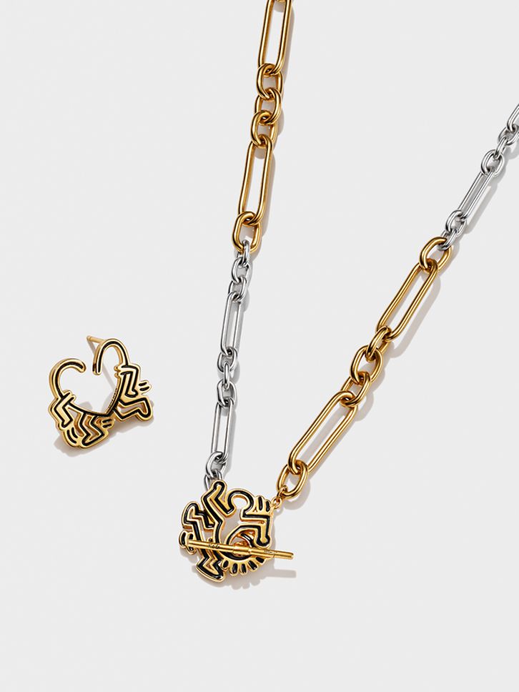 PROJECT STREET Silver and Gold-Plated link chain necklace with black enamel