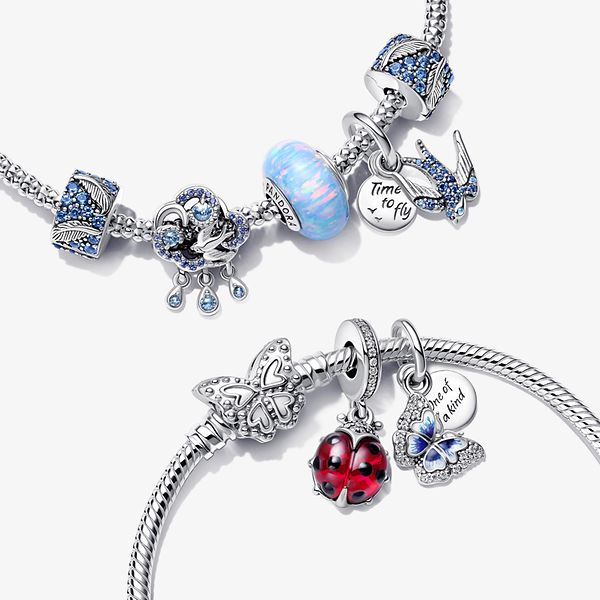 Pandora Moments Charm Bracelets with spring-theme charms in sterling silver
