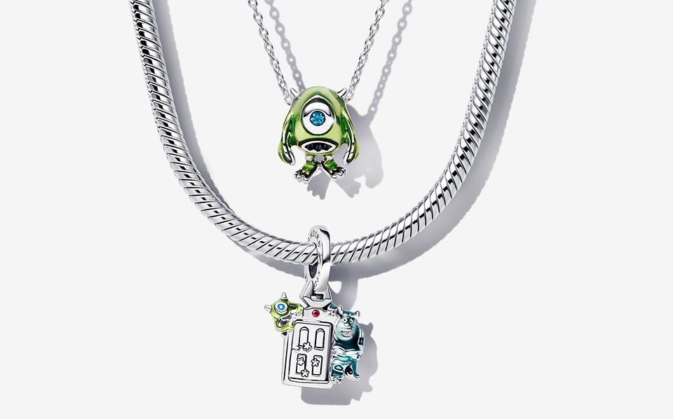 Image of 2 Pandora Monsters, Inc. layered silver necklaces with charms