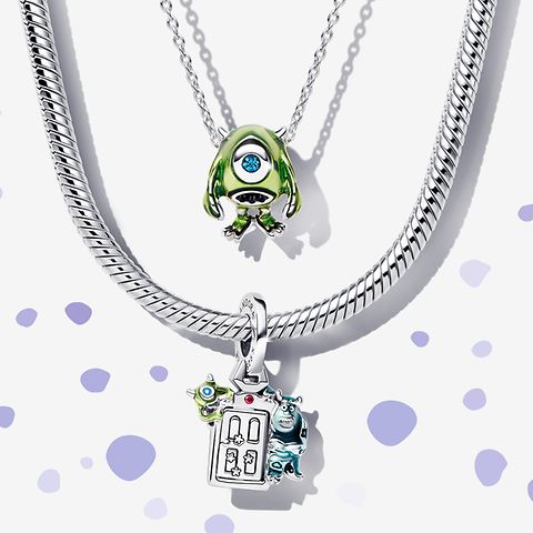 Image of 2 pandora Monsters, Inc. layered silver necklaces with charms